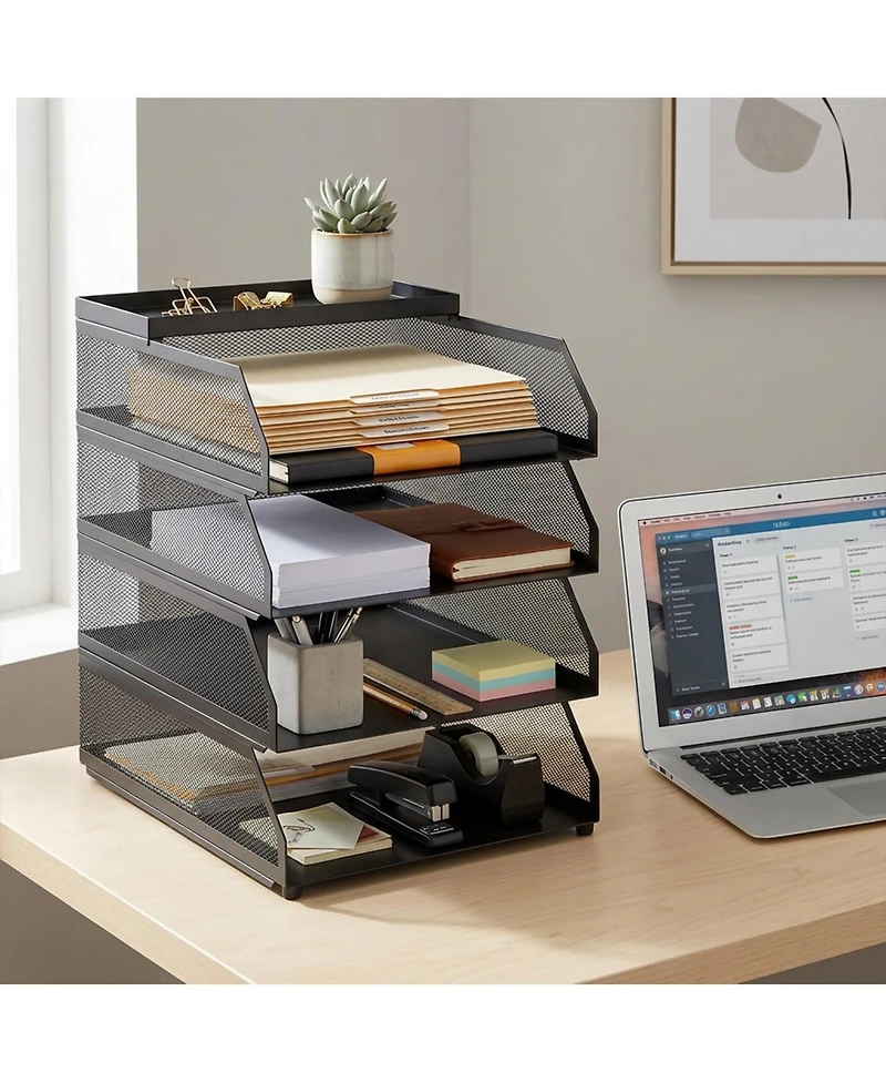 gaomon 4-Tier Stackable Mesh Desk File Organizer, Black Metal Document Tray with Top Shelf, Office Paper Holder for Letters, Folders and Supplies