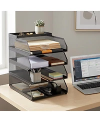 gaomon 4-Tier Stackable Mesh Desk File Organizer, Black Metal Document Tray with Top Shelf, Office Paper Holder for Letters, Folders and Supplies