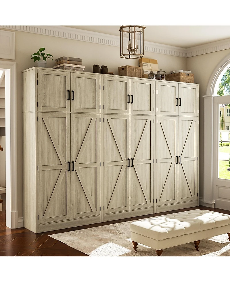 Aheaplus 71" Tall Wooden Pantry Cabinet with Shelves, Kitchen Storage 4 Barn Doors