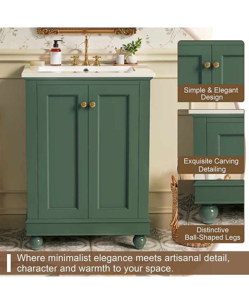 Busdays Modern Bathroom Vanity Cabinet with Ceramic Sink Simple Elegant Design Soft Closing Storage and Adjustable Shelf