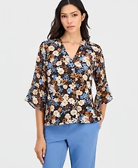 Anne Klein Essentials Petite Floral-Print Split-Neck Bell-Sleeve Top