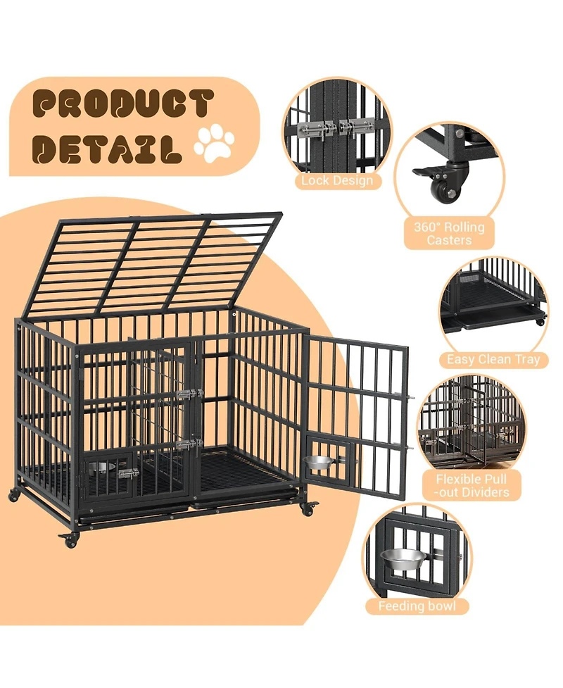 gaomon 42 inch Heavy Duty Dog Crate, Large Metal Dog Crate with 2 Feeding Door and Blows, Pet Cage House with Removable Tray and Wheels for s/m/l Dogs