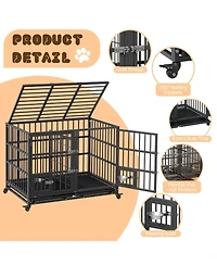 gaomon 42 inch Heavy Duty Dog Crate, Large Metal Dog Crate with 2 Feeding Door and Blows, Pet Cage House with Removable Tray and Wheels for s/m/l Dogs
