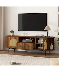 Rainsken American Style Tv Stand, Hidden Storage, with Rattan Arched Doors, Steel Legs, Rounded Corners, for Living Room