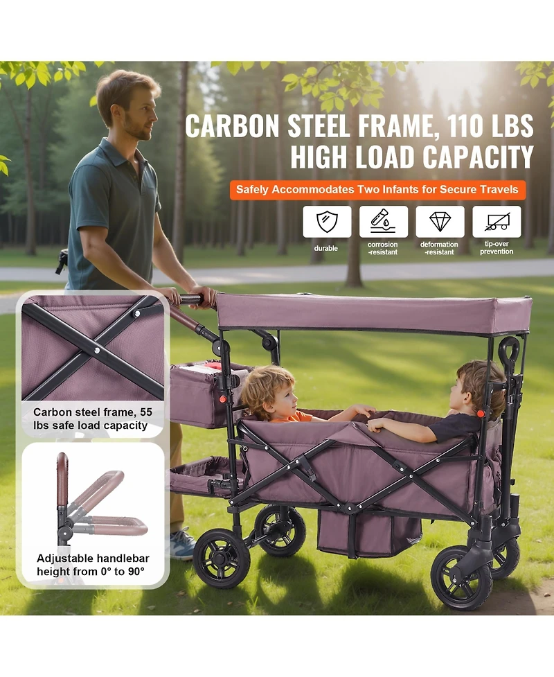 Rainsken Wagon Stroller for 2 Kids, Push Pull Collapsible Utility Cart with Adjustable Handle, Encircling Harness and Removable Canopy for Outdoors