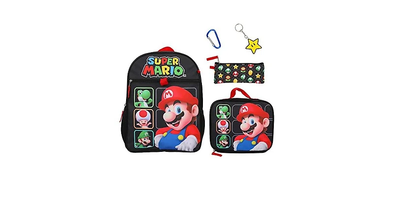 Super Mario Bros Character Grid 16" Youth 5-Piece Backpack Set