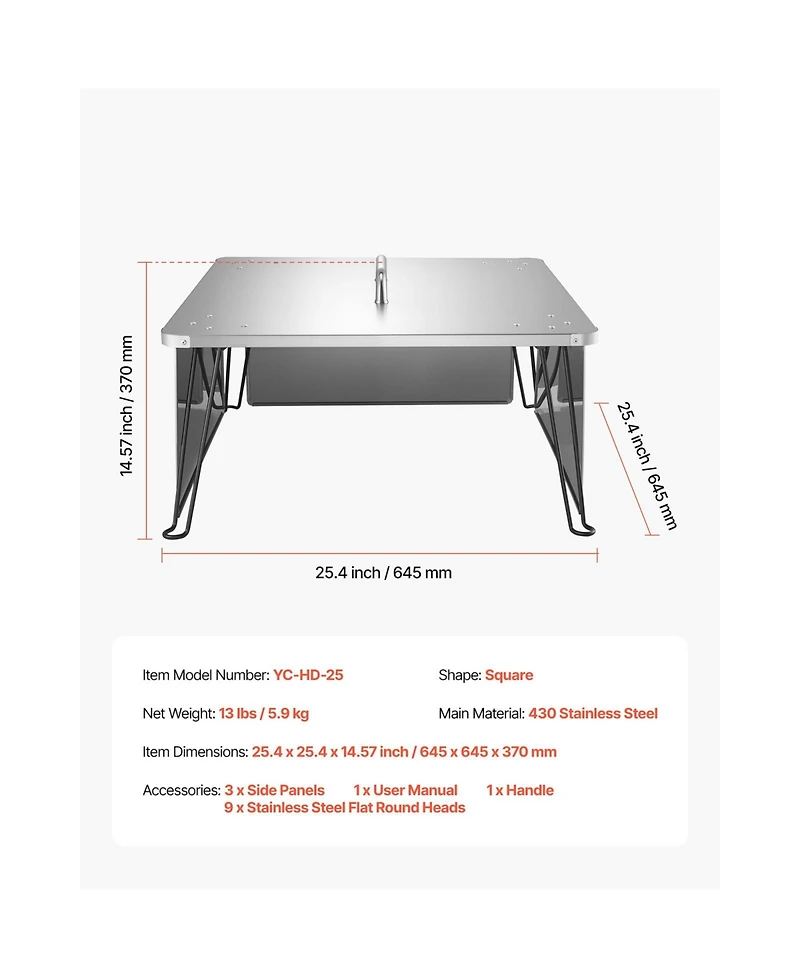 Cozito Fire Pit Heat Deflector, 25.4 inches Square Stainless Steel Burner Cover with Foldable Legs