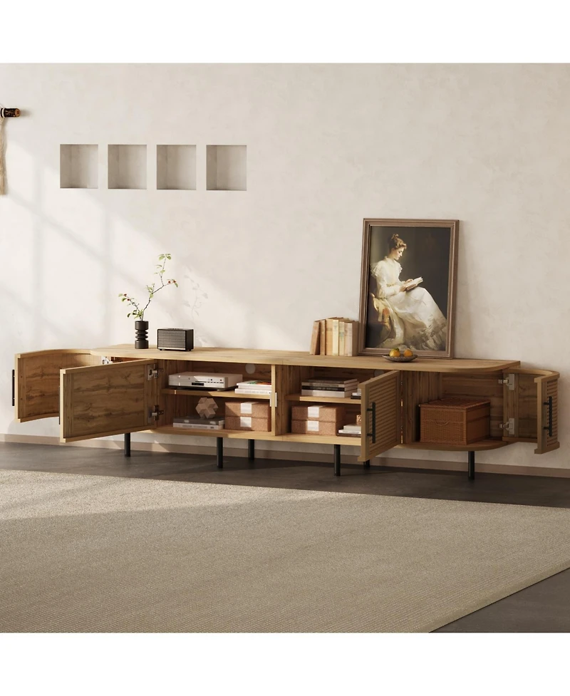Rainsken 70 inch Modern Tv Stand, Rattan Doors, with Storage Space and Cable Holes, for TVs up to 80 inch, Media Console, for Living Room