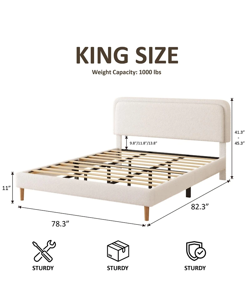 Rainsken Platform Bed Frame, with Height-Adjustable Headboard, Quiet Design, Upholstered Teddy fabric