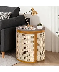 Rainsken Round Solid Wood Nightstand, Hollow Woven Bedside Table, Compact Accent End Table for Living Room, Bedroom