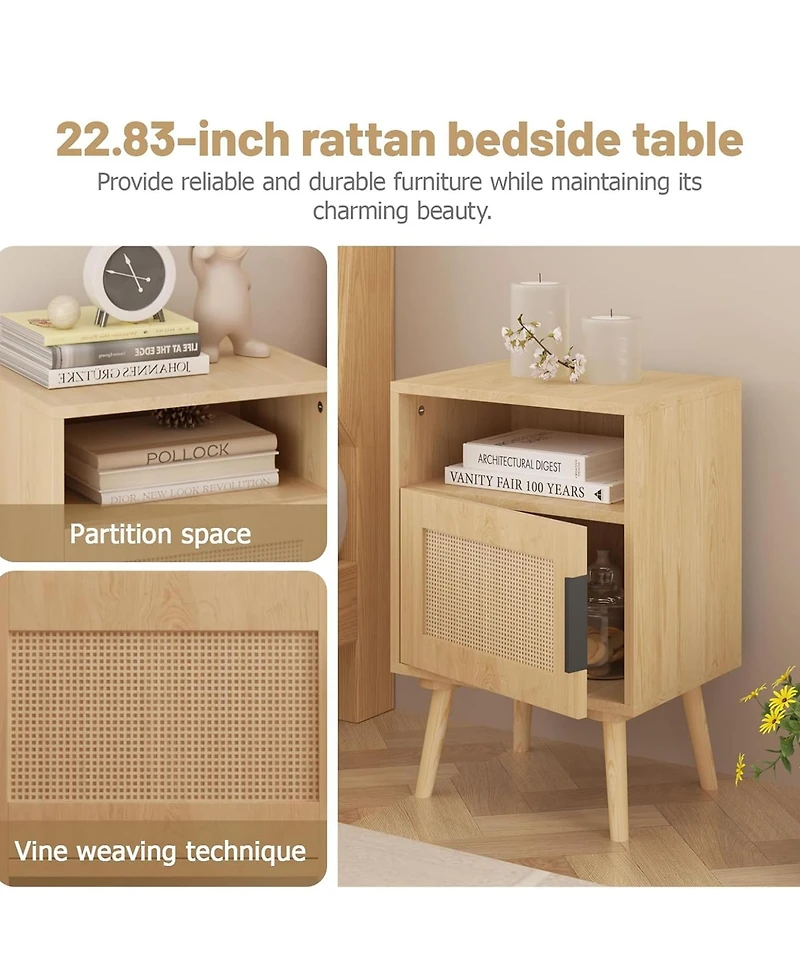 Rainsken Rattan Nightstand, Bedside End Table with Door Open Shelf, Side Table with Solid Wood Legs for Bedroom, Dorm and Small Spaces
