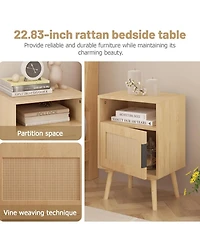 Rainsken Rattan Nightstand, Bedside End Table with Door Open Shelf, Side Table with Solid Wood Legs for Bedroom, Dorm and Small Spaces