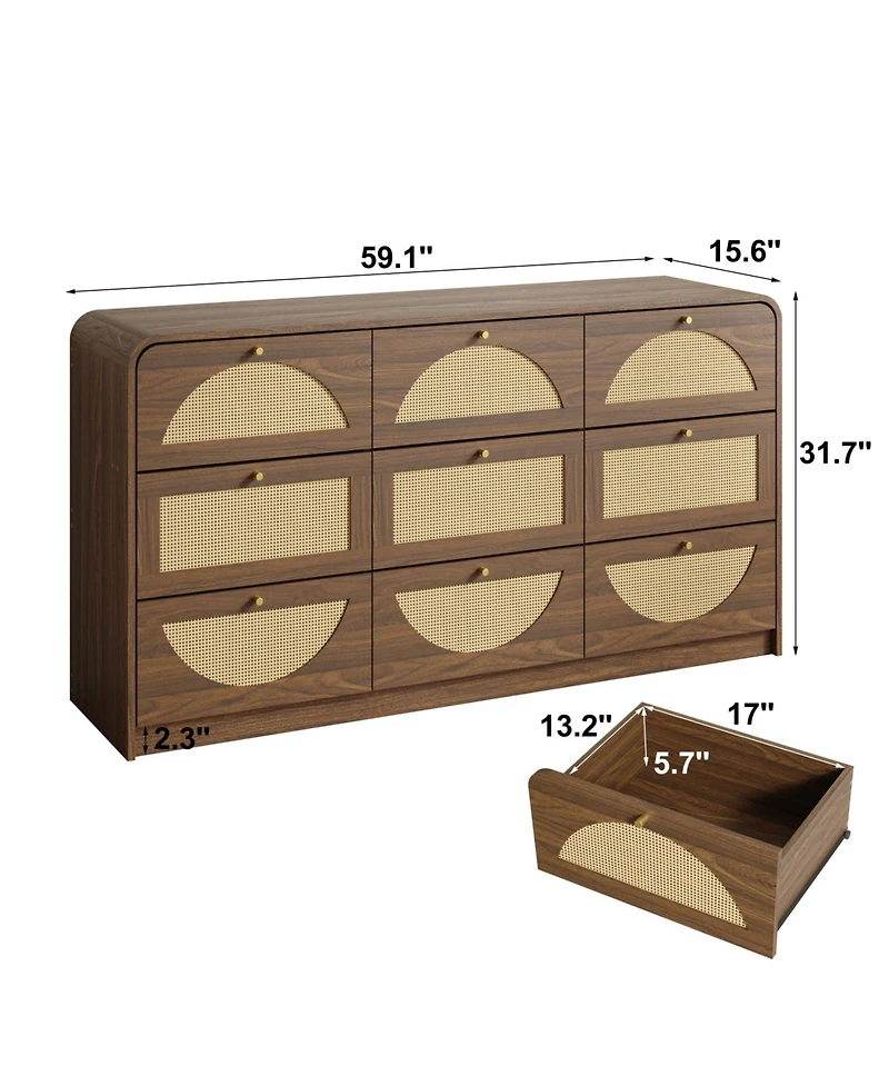 Rainsken 9 Drawer Dresser, Rattan Wide Particle Board Chest, Space Saving Storage Organizer