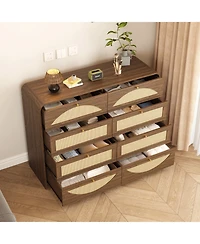 Rainsken 8 Drawer Double Dresser, Rattan Wide Particle Board Chest, Space Saving Storage Organizer