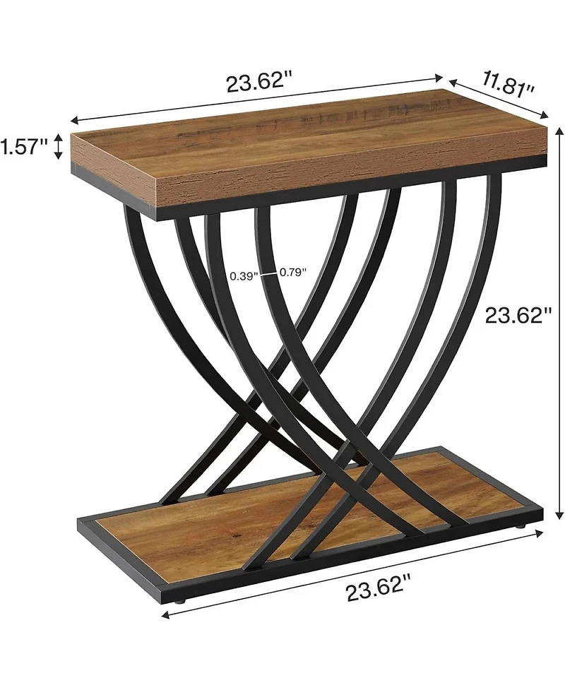 Rainsken Narrow 2-Tier Nightstand, Industrial Bedside Table with 2 Open Shelves and Metal Frame, Wood End Table for Living Room, Bedroom