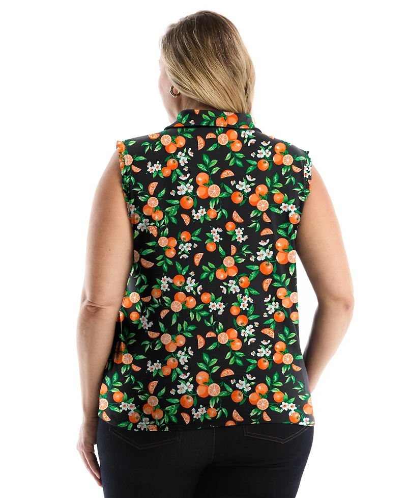 Rafaella Plus Orange Print Ruffle Trim Sleeveless Polo Shirt