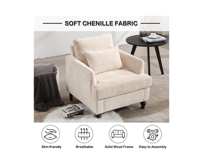 Rainsken Modern Accent Chair with Studded, Upholstered Chenille Armchair, Solid Wood Frame, for Living Room, Apartment, Bedroom