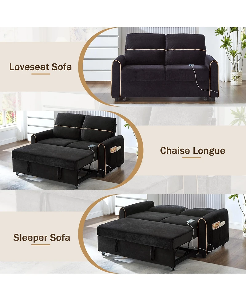 Rainsken Convertible Sofa Bed, Chenille Pull Out Sleeper Couch with Adjustable Backrest, 4 Side Pockets and Charging Ports for Living Room