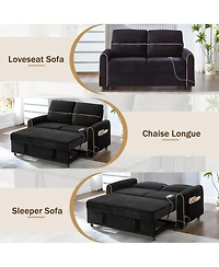Rainsken Convertible Sofa Bed, Chenille Pull Out Sleeper Couch with Adjustable Backrest, 4 Side Pockets and Charging Ports for Living Room