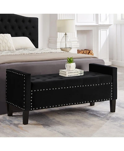 Rainsken 47 Inch Velvet Storage Bench, Upholstered Tufted Button, End of Bed Ottoman, with Wooden Legs, for Bedroom, Living Room, or Entryway