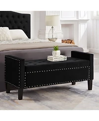Rainsken 47 Inch Velvet Storage Bench, Upholstered Tufted Button, End of Bed Ottoman, with Wooden Legs, for Bedroom, Living Room, or Entryway