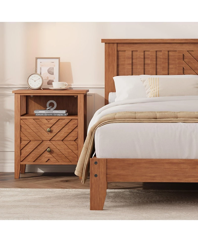 gaomon Queen Light Wooden Platform Bed Frame with V-Pattern Headboard and Under-Bed Storage