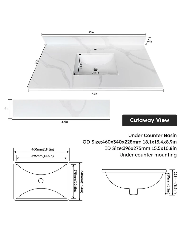 Sillysis Quartz Bathroom Vanity Top with Undermount Sink, Carrara Style, 4" Backsplash, 1 Faucet Hole, 31/37/43 Inch