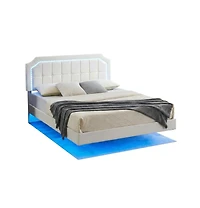 homfan Floating Upholstered Bed Frame with Led Headboard, Adjustable Height, Metal Slat Support, Box Spring Not Required