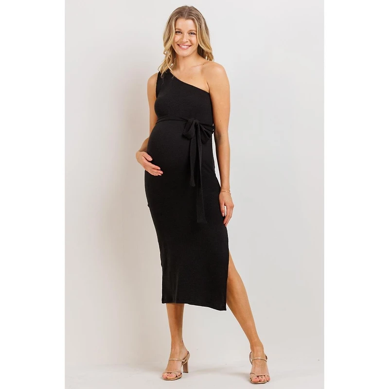 Hello Miz Women's Maternity Ribbed One Shoulder Bodycon Midi Dress