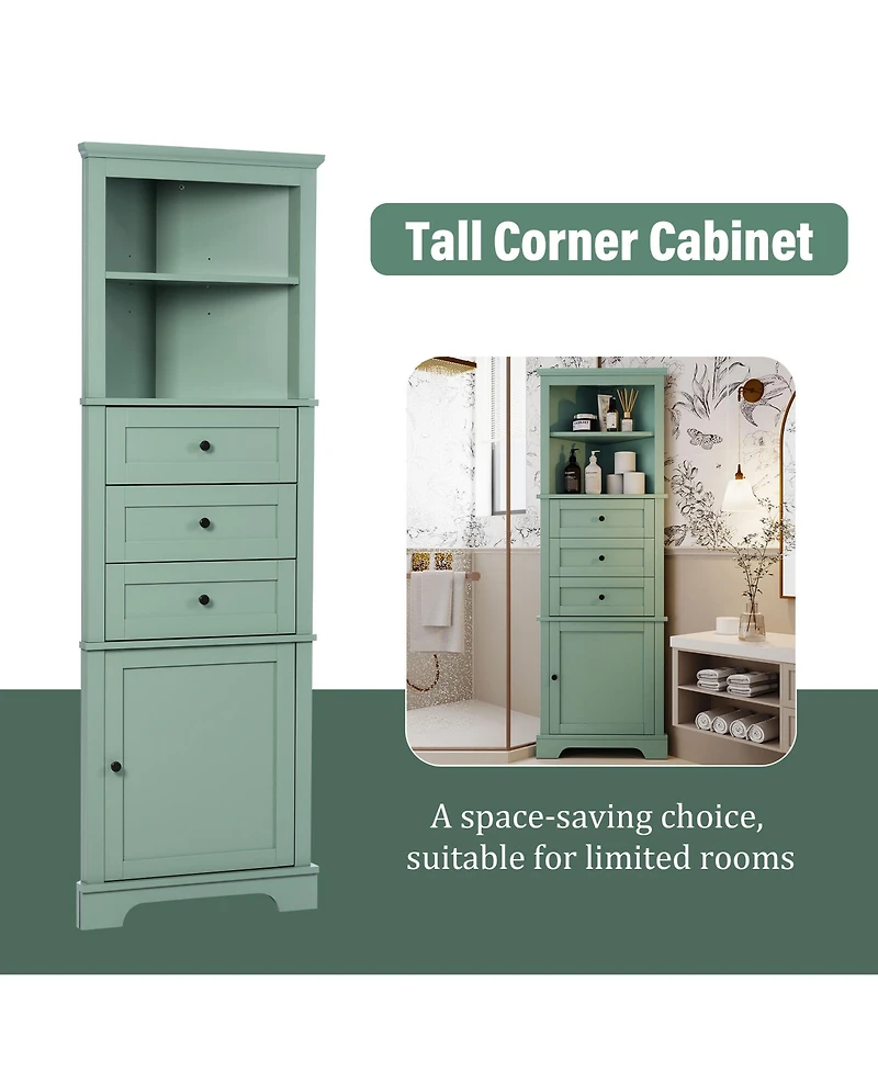 Midola Triangle Tall Cabinet with 3 Drawers and Adjustable Shelves for Bathroom, Kitchen or Living Room, Mdf Board with Painted Finish