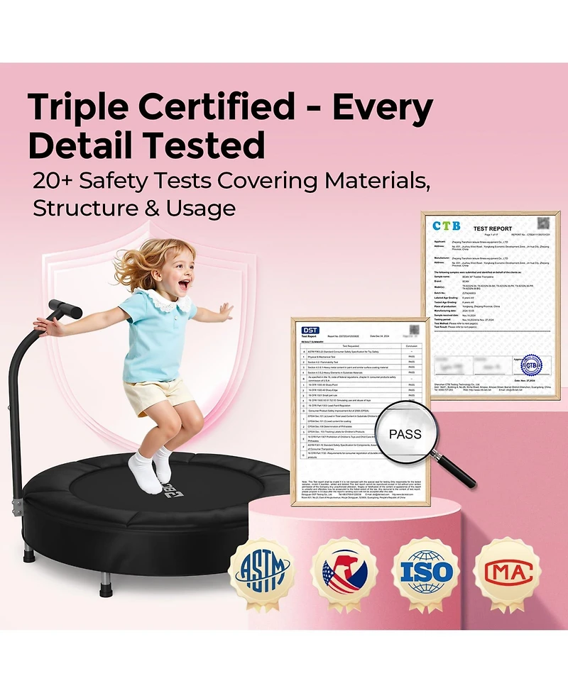 Bcan SP1 36 Inch Astm Certified Toddler Trampoline Indoor Kids Mini Trampoline with Safety Cover Foam Handle