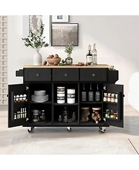 Clihome Kitchen Island Cart with Foldable Table & Adjustable Storage, Black Rolling Utility Cart