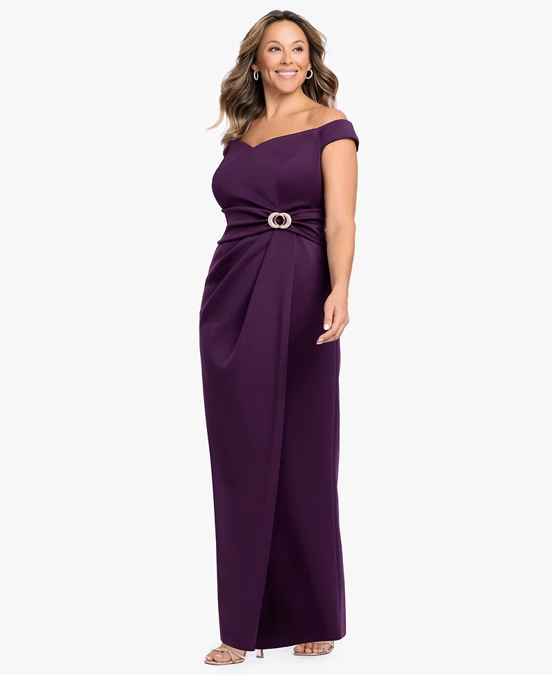 Betsy & Adam Plus Asymmetrical Off-The-Shoulder Gown Dress
