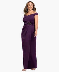 Betsy & Adam Plus Asymmetrical Off-The-Shoulder Gown Dress