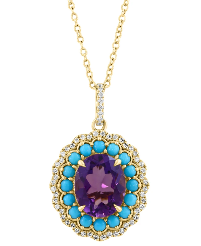 Effy Collection Amethyst (2-2/5 ct. t.w.), Turquoise (3/5 ct. t.w.) & Diamond (1/4 ct. t.w.) Pendant Necklace in 14k Yellow Gold