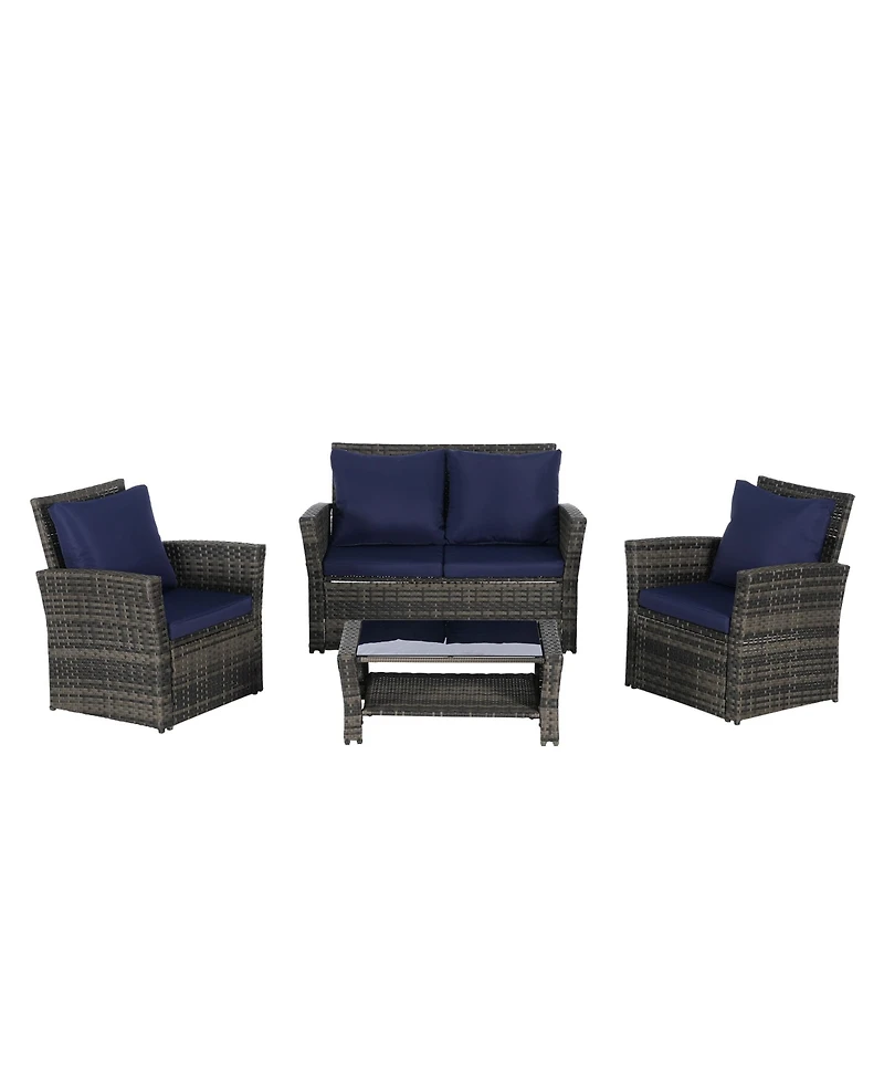 Clihome 4-Piece Outdoor Patio Furniture Set - Rattan Conversation Seating with Tempered Glass Coffee Table