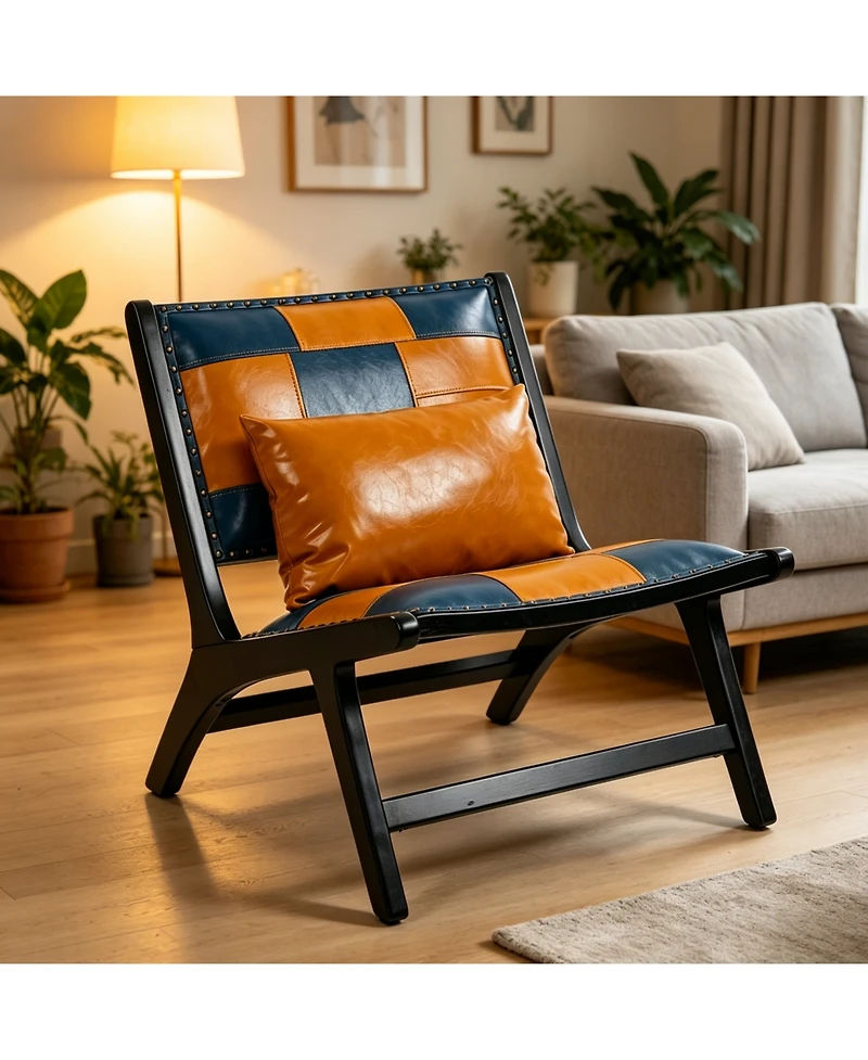 Rainsken Pu Leather Accent Chairs, Wood Frame Armless Chair, Mid Century Side Chair Indoor, for Living Room Bedroom Sunroom Outdoor