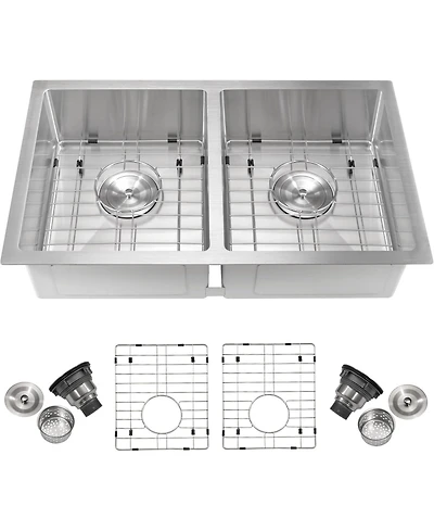 Gaomon Undermount Double Bowl Kitchen Sink 16 Gauge 304 Stainless Steel Flat Bottom 10 In Deep with Grid and Drain Kit