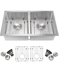 Gaomon Undermount Double Bowl Kitchen Sink 16 Gauge 304 Stainless Steel Flat Bottom 10 In Deep with Grid and Drain Kit