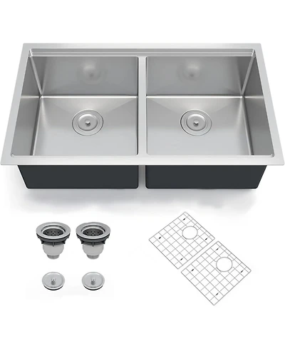 Gaomon Undermount Double Bowl Kitchen Sink 10 In Deep 16 Gauge 304 Stainless Steel Workstation Sink with Bottom Grid and Drain