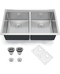 Gaomon Undermount Double Bowl Kitchen Sink 10 In Deep 16 Gauge 304 Stainless Steel Workstation Sink with Bottom Grid and Drain