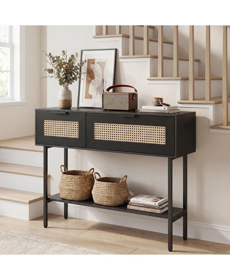 Slickblue Stylish Rattan Console Table with Storage Cabinets and Steel Frame Shelf