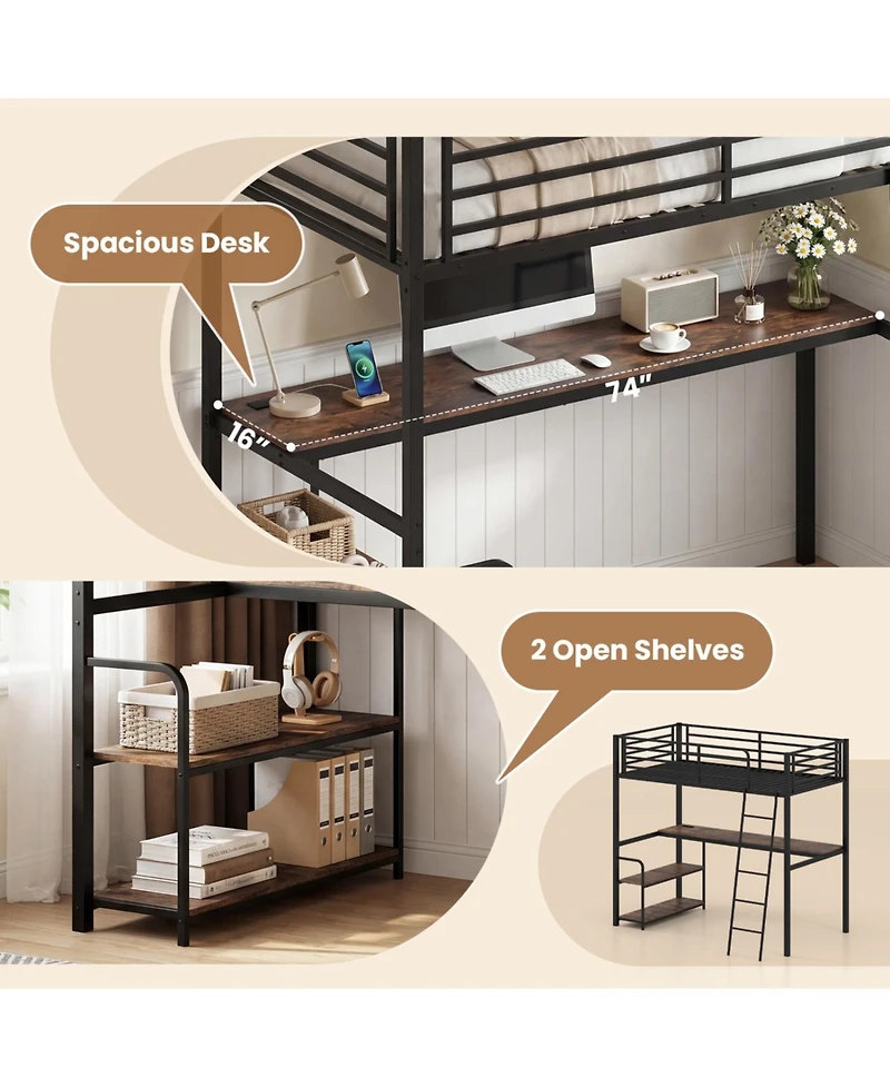 Slickblue Twin Loft Bed with Built-In Desk and Storage Shelves, Ideal for Kids