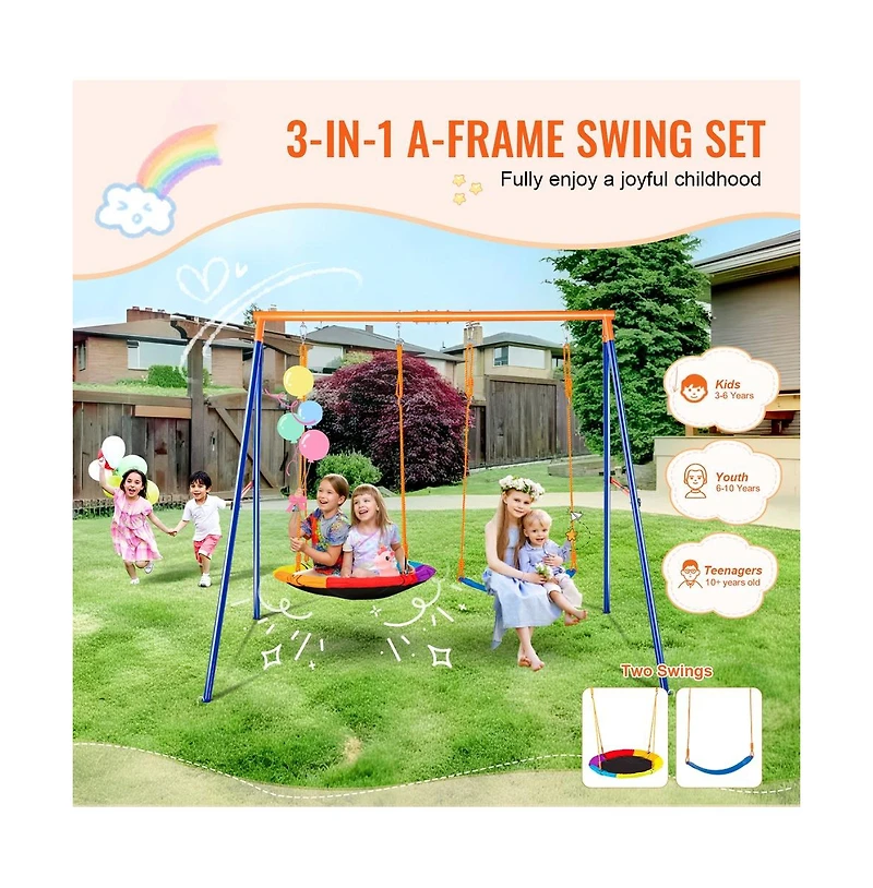 Sugift Backyard A-Frame Swing Set with Saucer and Belt Seats 440 lb Capacity