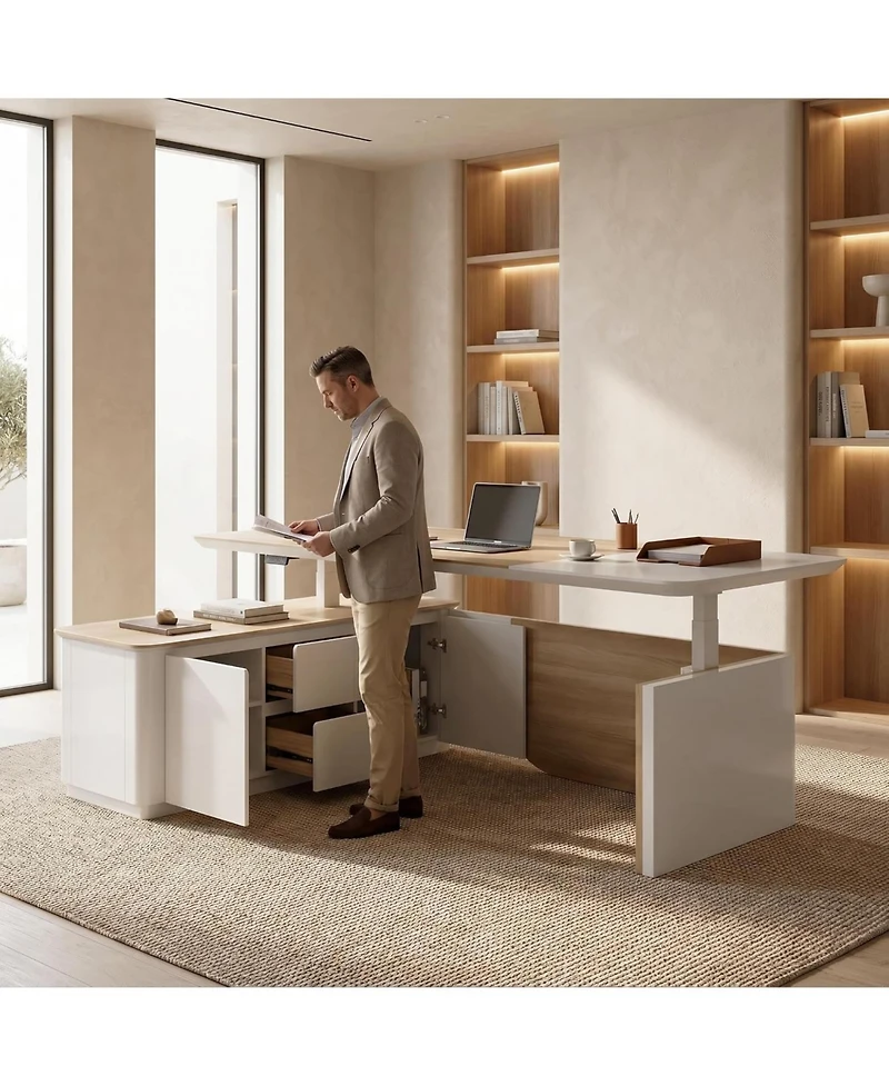 Logicfox 86" Electric Adjustable Height L Shaped Standing Executive Desk with Drawers and Shelves