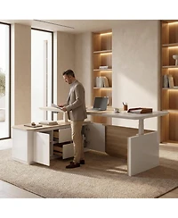 Logicfox 86" Electric Adjustable Height L Shaped Standing Executive Desk with Drawers and Shelves