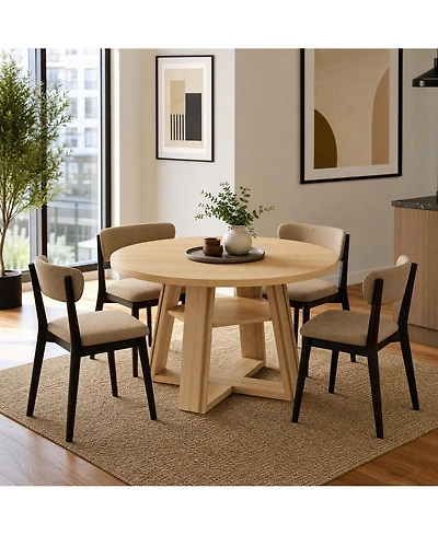 homfan Round Dining Table for 2-4, Pedestal Base with Storage Shelf, Space-Saving for Apartment