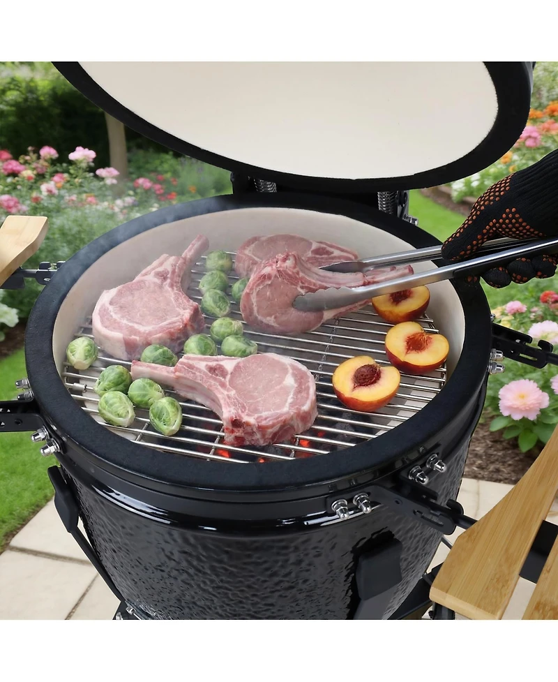 Xo 18-Inch Red Ceramic Charcoal Grill Smoker with Cart and Side Shelves, 250 Sq In 2-Tier Cooking System