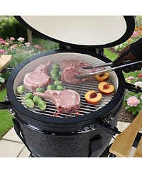 Xo 18-Inch Red Ceramic Charcoal Grill Smoker with Cart and Side Shelves, 250 Sq In 2-Tier Cooking System