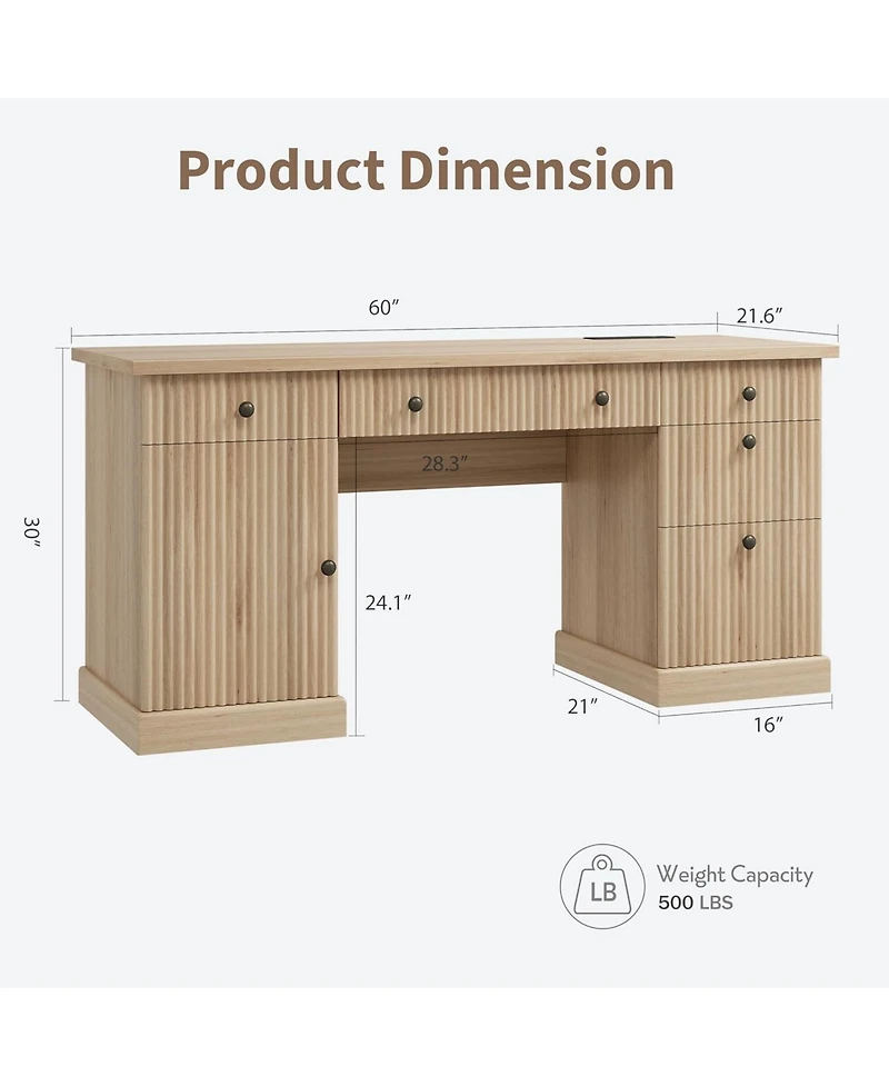 homfan 60" Fluted Modern Executive Desk with Charging Station, File Cabinet and Drawers